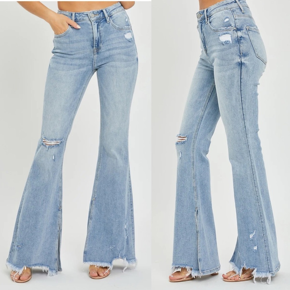 RISEN High-Rise Distressed Torn Raw Bell Bottom Slit Flare Denim Jean Size 13/31